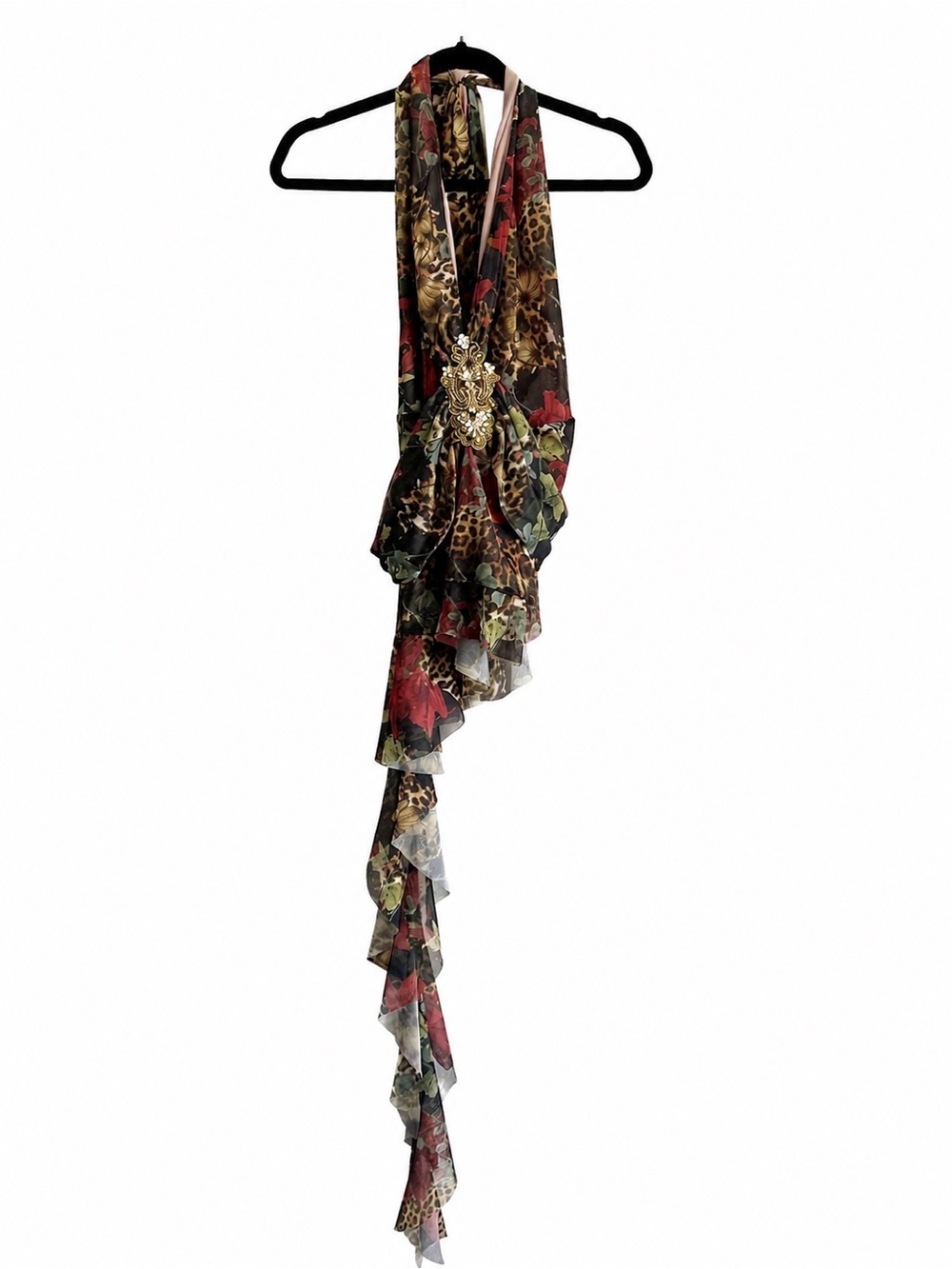 Floral & Leopard Print Ruffled Scarf with Brooch - Multi